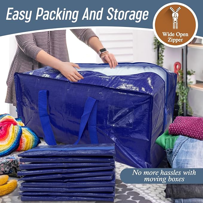 12 Pack Extra Heavy Duty Large Moving Bags with Strong Zipper & Comfortable Handles, Sturdy & Durable Clothes Storage Bags Totes Bins, Packing Moving Boxes for College Supplies, Blue