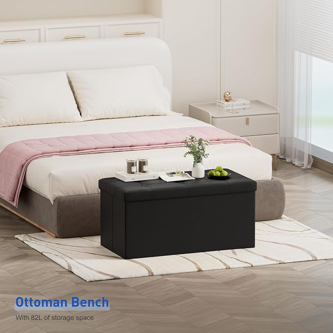 BRIAN & DANY 30 Inches Storage Ottoman Bench, Faux Leather Ottoman with Storage, Folding Bench Shoe, Foot Rest Stool, for Living Room, Black