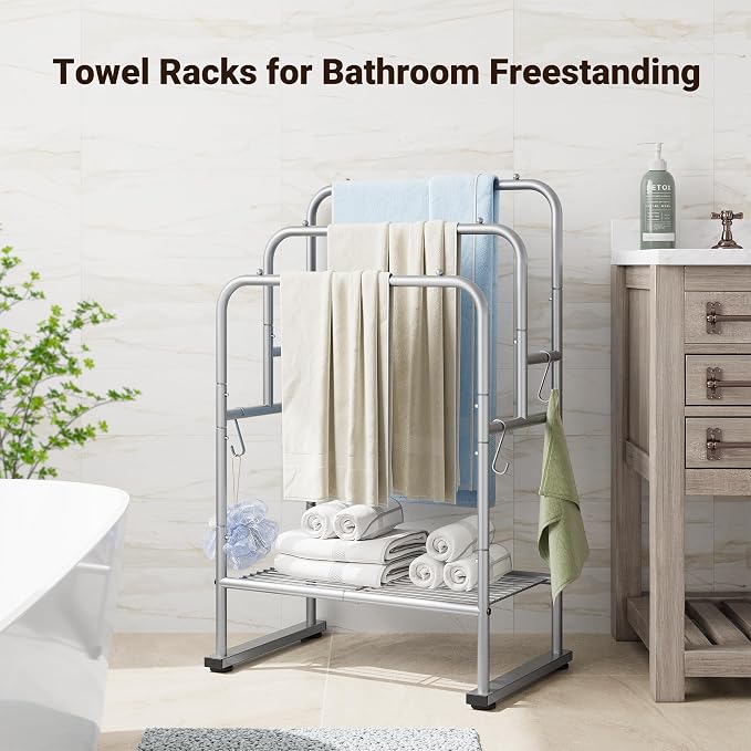 ELYKEN 40" H Freestanding Towel Rack with Shelf, 3 Tier Towel Stand, Silver | Metal Drying Rack for Oversized Bath Towels & Blankets, 4 Hooks, Indoor & Outdoor Use, Fits Bathroom, Tub, Shower, Poolside