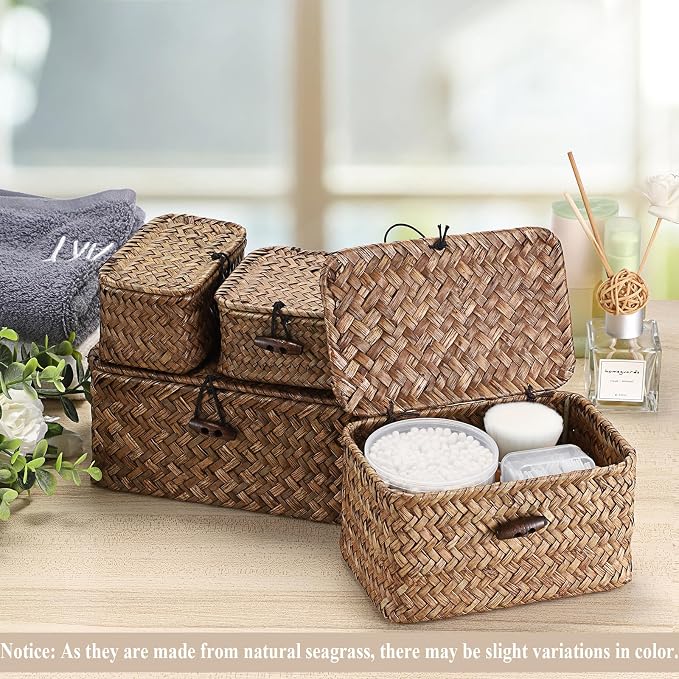 Hipiwe Handwoven Wicker Basket with Lid Small Desktop Seagrass Organizer | Decorative Basekt Boxes Bin for Remote Control Keys Candy, Coffee Color 7.0"L x 4.3"W x 3.3"H