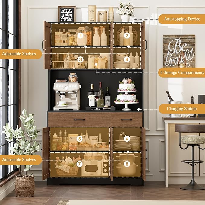 HOSTACK 71" Pantry Cabinet with Charging Station, Tall Kitchen Pantry Storage Cabinet with Microwave Stand, Farmhouse Kitchen Hutch with Storage Drawers for Living Room, Dining Room, Brown/Black