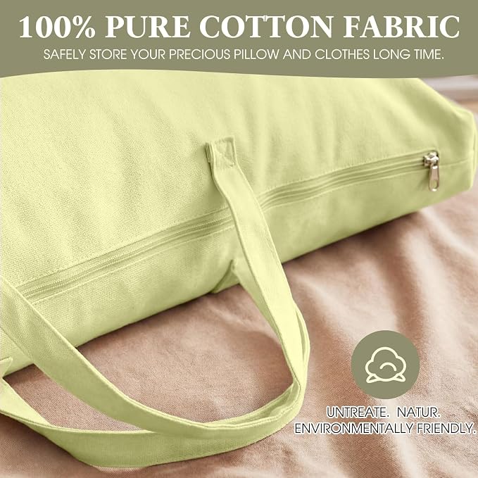 2 Pack Travel Pillow and Blanket Bags, 100% Cotton Canvas Pillow Storage Bag with Handles, Heavy Duty Breathable Organizer for Bedding Linens, Pillow Bag for Traveling(2,Olive Green,20"x36")