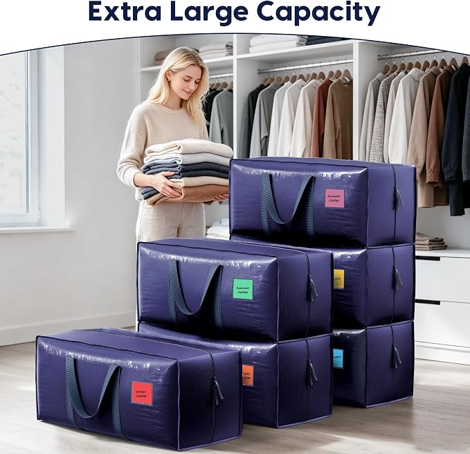 6 Pack Moving Bags Heavy Duty 210GSM with Full-Open Side Zipper, 93L 220lbs Waterproof Foldable Storage Totes for College Dorm Move-In, Moving Boxes Alternative & Home Organization, Blue