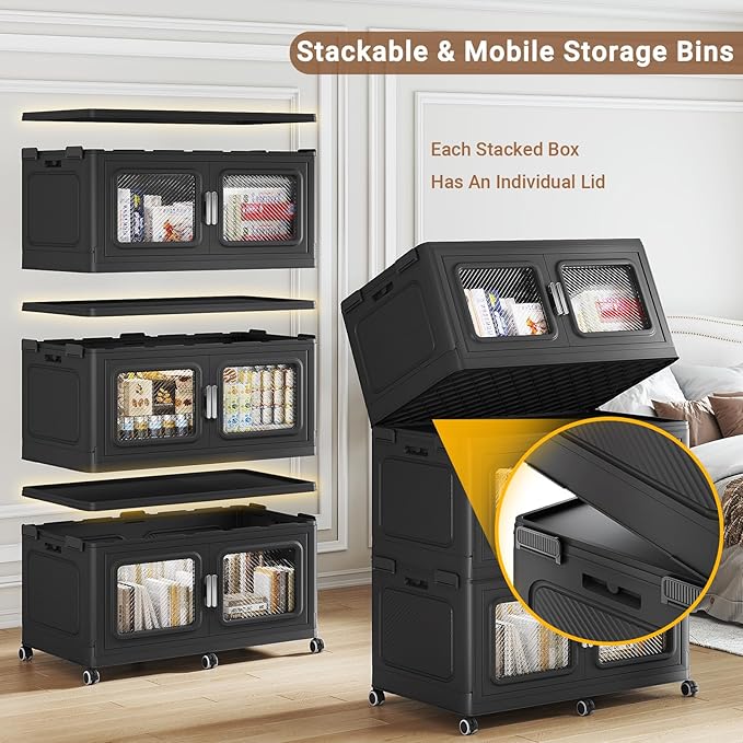 BROVIEW 660 Qt Extra Large Stackable Storage Bin with Lids, 3 Pack Black | 165Gal Extra Large, Collapsible Storage Boxes with 3 Lids, Folding& Rolling Plastic Drawer, Heavy-Duty Cabinet Organization