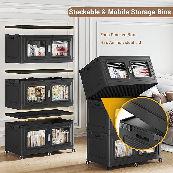 BROVIEW 900 Qt Extra Large Stackable Storage Bin with Lids, 3 Pack Black | 225Gal Extra Large, Collapsible Storage Boxes with 3 Lids, Folding& Rolling Plastic Drawer, Heavy-Duty Cabinet Organization