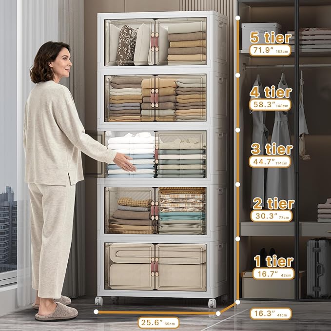 UAMFURI Stackable Storage Bins, 560QT Collapsible Drawers with 1 Lid | Large Capacity, Magnetic Door, Stack Lock, Rolling Wheels, Foldable Design, Organizers and Storage for Bedroom Dorm Garage
