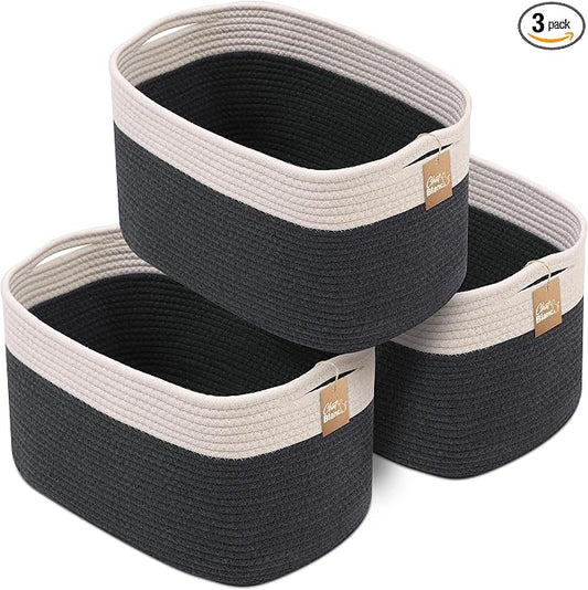 CHAT BLANC Cotton Rope Baskets for Organizing, Shelves, Toys, Storage, Shoe, Bathroom, Laundry, Towel, Nursery, Home Decor, Blanket, Cloth Woven Bins Fabric (Creamy White & Graphite, 15"x10"x9")