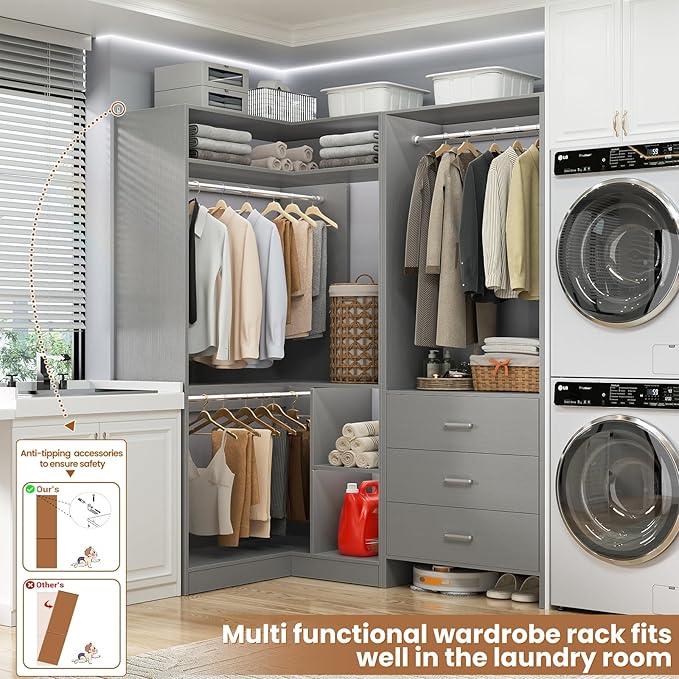 Aheaplus Closet System with 3 Drawers, 2 Hanging Rods & Corner Tower, Corner Closet System with Hanging, L-Shaped Walk-In Wardrobe Organizer, 1300+ lbs Capacity, Set of 2, Grey