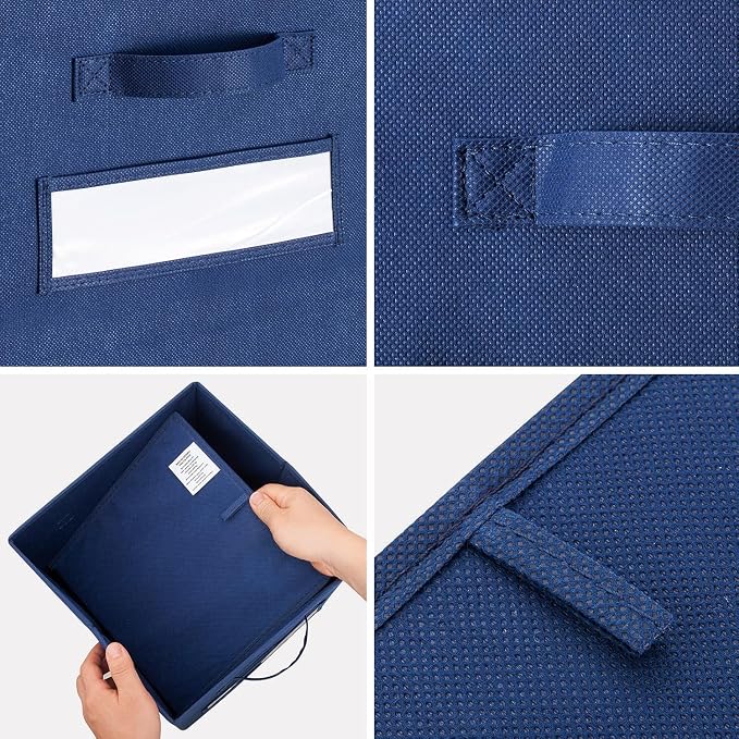 13x13x13 storage cube bins (Set of 10) Fabric storage cubes with 10 Labels Window Cards & a Pen, storage cubes 13x13, Collapsible 13 inch cube storage bins, Cubby Organizer Boxes, Navy Blue