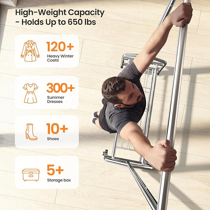 Heavy Duty Clothes Rack, Rolling Clothing Rack Load 650 LBS for Hanging Clothes with 2 Sturdy Shelves, Metal Garment Rack with Wheels for Bedroom, Laundry Room, Retail Store, Silver
