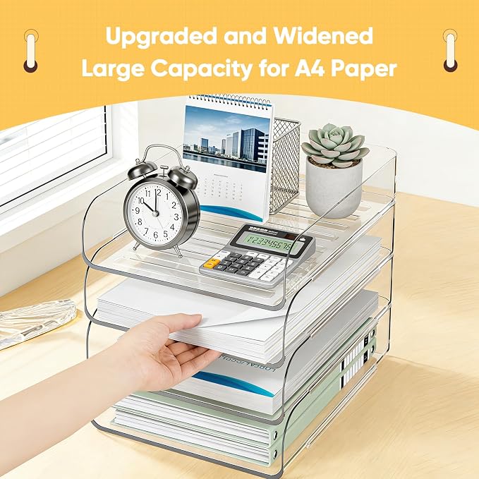 HIYOHIYO Clear Office Desk Organizer for A4 Letter Paper, 4-Tier Vertical | Stackable | Large Capacity | Sturdy Office DeskTtop Organizer for File Folder, Stable Home Desk Paper Holder and Storage