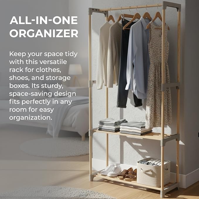 Honey-Can-Do Wood Garment Rack with 2 Shelves, Freestanding, Natural | Natural wood clothing rack with rod + 2 slatted shelves. Tool-free setup for bedroom, entryway & laundry. Holds up to 55 lb.