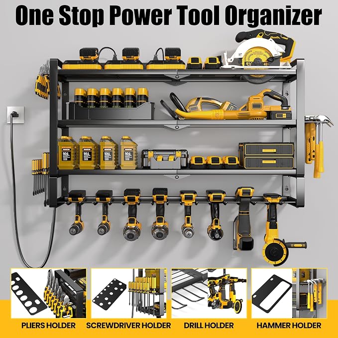 MOOMSINE Large Power Tool Organizer Wall Mount with Charging Station for Garage, 400lbs Metal Storage Rack with 8 Cordless Drill Holder, 4 Tier Heavy Duty Battery Tool Shelf with 5 Outlet Power Strip