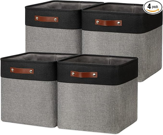 DULLEMELO Storage Bins for Organizing,Closet Storage Baskets for Gift Empty,Large Linen Canvas Storage Bins with Handles for Home Office Toys Shelves(Black&Grey, 13 inch Cube)