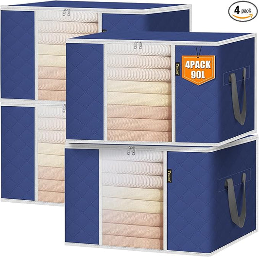 BALEINE 4 Pack Clothes Storage Bags, 24 Gallon Storage Containers with Reinforced Handle, Sturdy Zipper, Closet Organizer for Blanket, Comforter, Pillow, Bedding (Blue, 4 Pack)