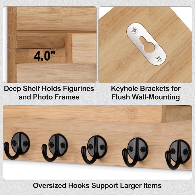 Lwenki Key Holder Wall Mount, Entryway Key and Mail Holder with 7 Sturdy Hooks for Sunglasses, Dog Leash, Decorative Wall Shelf with Mounting Hardware, 15”W x 6.7”H x 4.2”D (Wood)