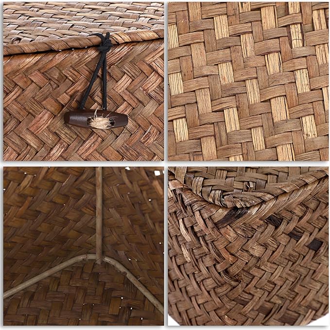 Hipiwe Wicker Shelf Baskets Bin with Lid, Handwoven Seagrass Storage Boxes | Rectangular Household Basket Boxes for Shelf Wardrobe Home Organizer, Coffee X-Small