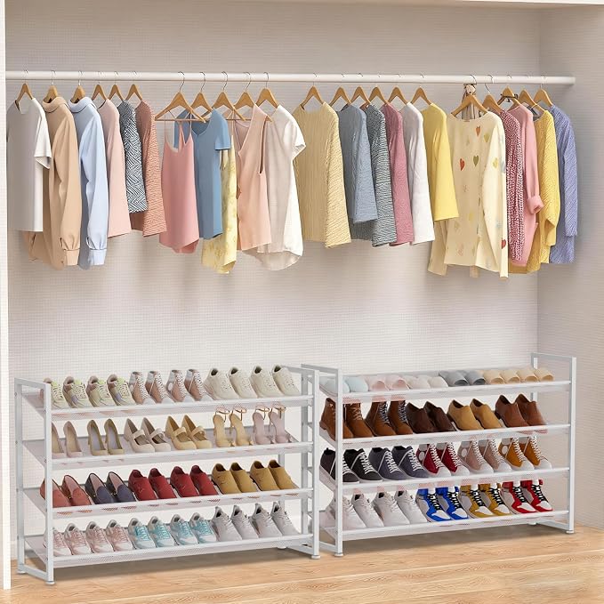 Large Shoe Rack 8 Tier Shoe Organizer, Heavy Duty Metal 4-Tier Stackable Shoe Storage Vertical Shoe Rack for Closet Front Door Entrance, Up to 50 Pairs, 44.8" W x 11.4" D x 56.7" H, White