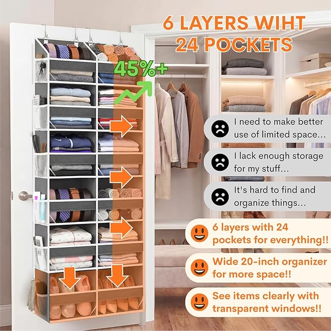 Over the Door Organizer 6 Tiers, Extra Large Behind Door Storage of 12 Compartments, 80 lbs Weight Capacity Hanging Storage Organizer with Clear Window Kids Toys, Shoes, Diapers, Room storage