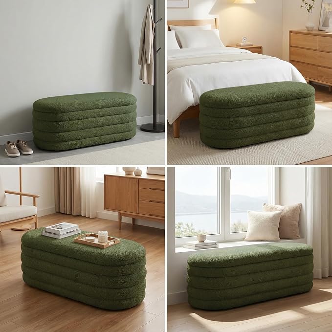Storage Ottoman Bench, 45'' Upholstered Boucle Ottoman with Storage, Aesthetic End of Bed Bench for Bedroom Living Room Entryway, Green