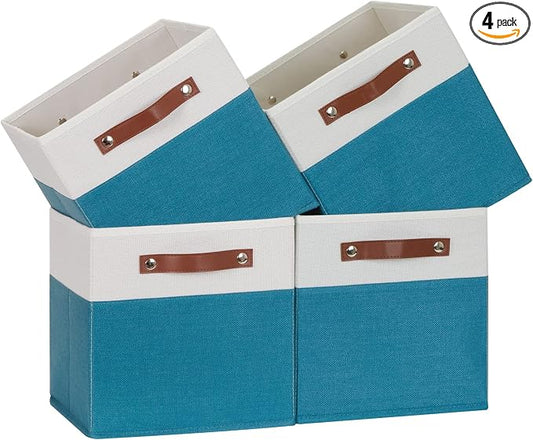 Temary Storage Cube Bins 11 Cube Storage Bins Storage Baskets for Closet, Shelves 4 Pack Fabric Organizer Bins with Leather Handles(White&Teal)