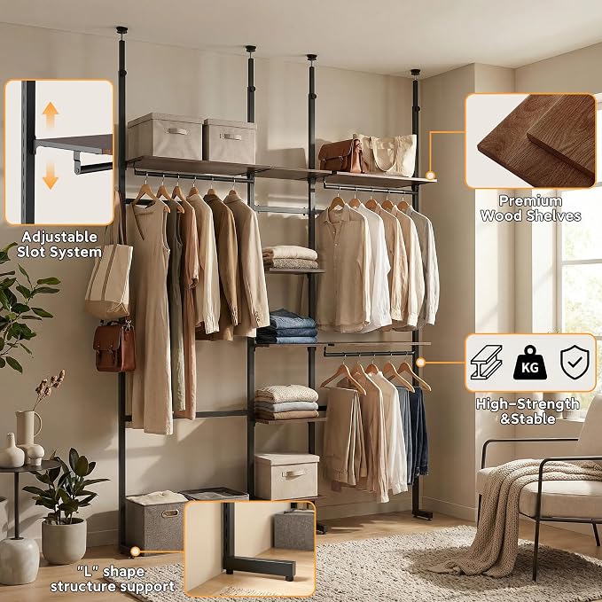 MZG Closet Organizer System, Freestanding Closet System with Wood Shelves & Hanging Rod, Adjustable Floor-to-Ceiling Open Wardrobe for Bedroom, Apartment & Walk-In Closet (16.8" D x72.1 W x 137.9" H)