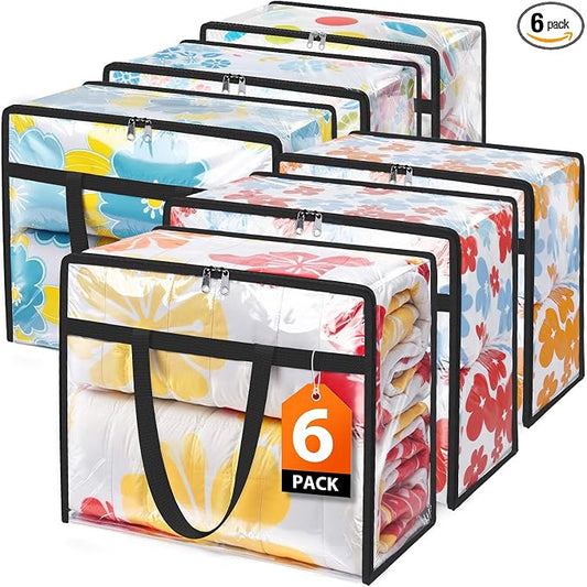SpaceTrove Clear Storage Bags, 6-Pack Under Bed and Closet Organizers 40L | Clear PVC bags with zippers and handles, foldable waterproof moving bags store comforters, blankets, bedding, clothes and toy