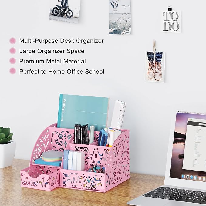 EasyPAG Desk Organizer and Pen Holder for Desk, Mesh Office Supplies Storage Caddy with Drawer for Small Space, Desktop Organizer for Home Office, Pink