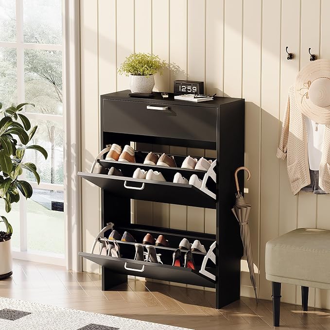 VINGLI Shoe Cabinet Storage for Entryway,Black Small Narrow Shoe Rack,25" W | 8–12 Pairs,Skirting Board Cutout,Drop-Down Drawer,9.4"D Slim,Modern Black,2 Flip Drawers,Adjustable & Removable Shelf