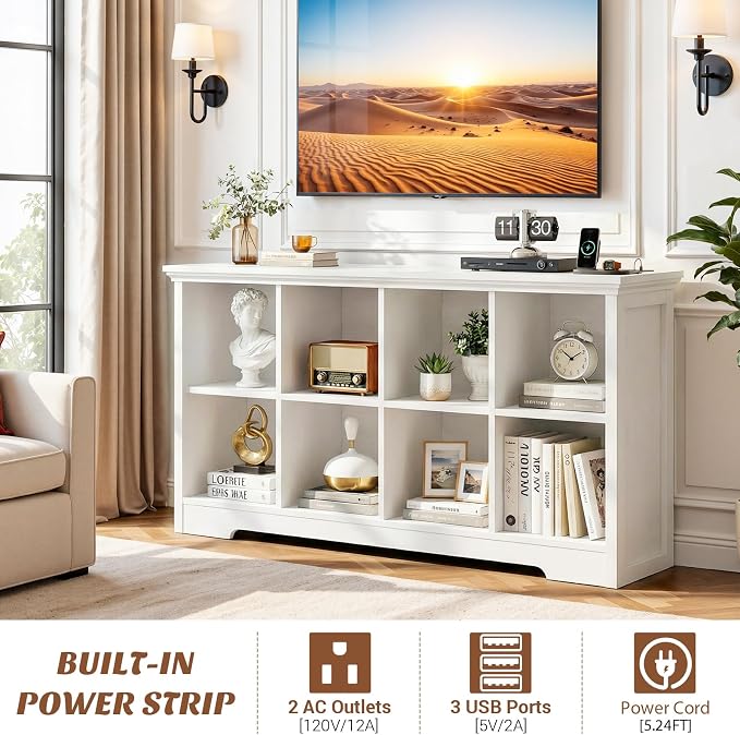 Aheaplus Wooden 8-Cube Storage Organizer with Charging Ports, Modern Cube Bookcase with Base, 3-Tier Floor Standing Open Cubbies Bookshelf, Cubicle Display Shelf for Home and Office, White