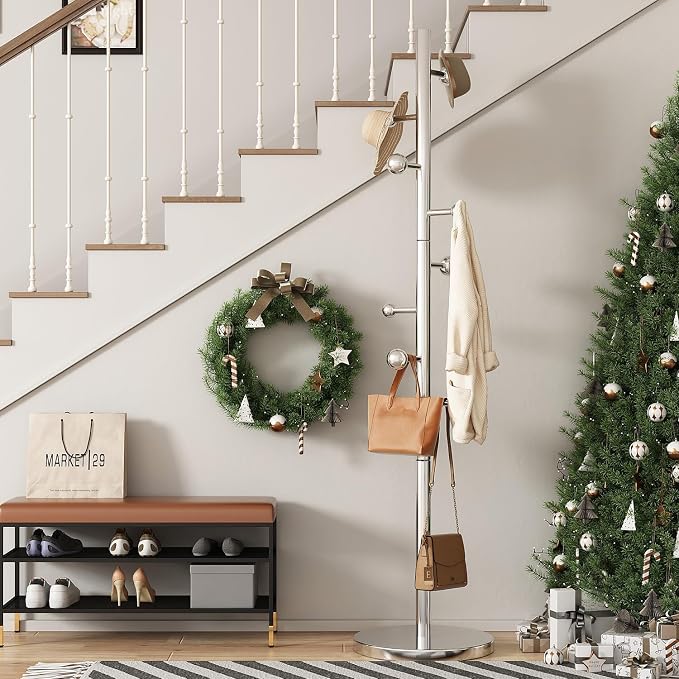 Coat Rack Freestanding Coat Tree with 8 Hooks Coat Rack Stand,Silver | Heavy Duty Metal Coat Hanger Stand for Jacket Hat Clothes Bag Stainless Steel Hall Tree Hat Rack for Entryway Bedroom Hallway