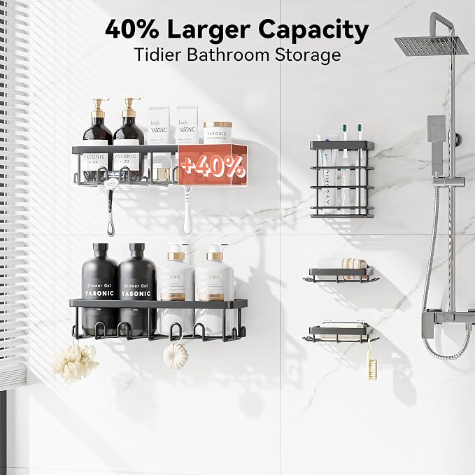 YASONIC Shower Caddy Adhesive, 100% Rustproof Shower Organizer with Soap and Toothbrush Holder, Large Capacity Shower Shelves for Inside Shower, No Drill Shower Storage for Home (5 Pack Black)