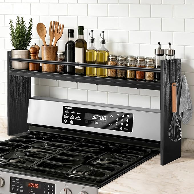 Spice Rack Shelf for Kitchen Stove, Over The Stove Shelf with 4 Hooks, Premium Wood & Metal Commbined Spice Rack Organizer Extra Storage Countertop (Black)