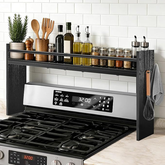 Spice Rack Shelf for Kitchen Stove, Over The Stove Shelf with 4 Hooks, Premium Wood & Metal Commbined Spice Rack Organizer Extra Storage Countertop (Black)