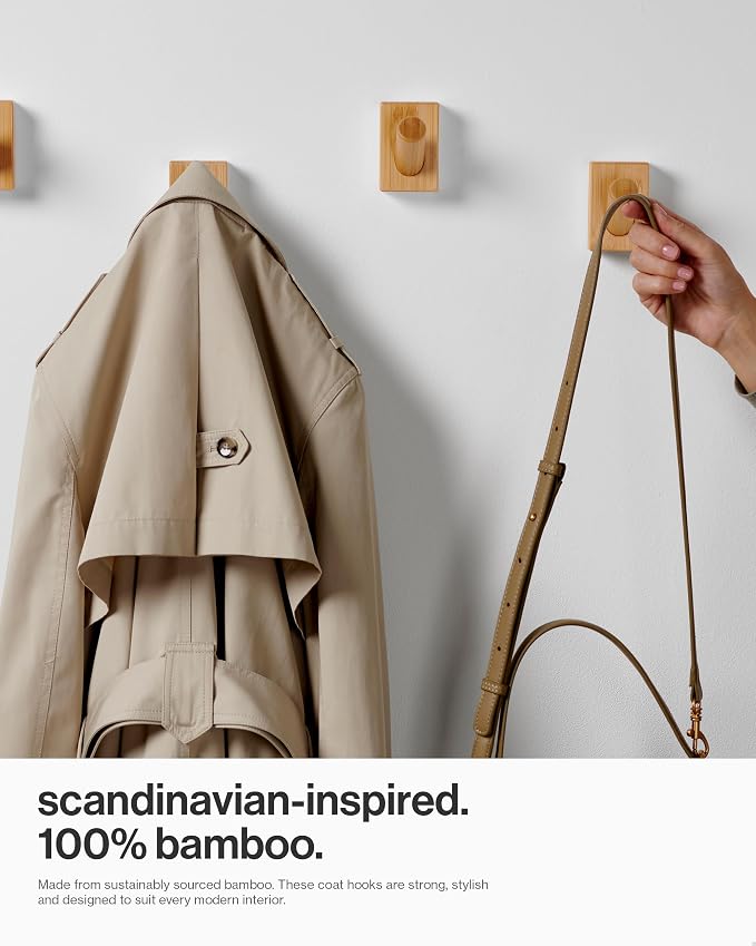 LARHN Wooden Wall Hooks (4-Pack), Wall Mounted Coat Hooks for Wall, Wood Hooks for Hanging - Modern Scandinavian Home Decor - Series 6 | Wood Hooks for Hanging - Modern Scandinavian Home Decor - Series 6