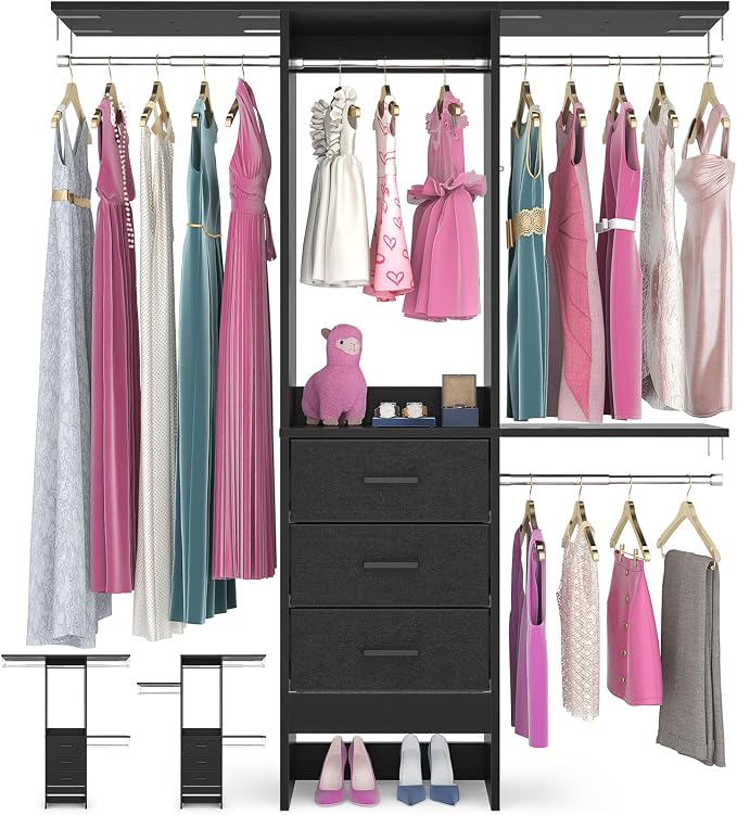 Besiost 4FT Small Closet System with 3 Fabric Drawers, 48'' Closet Organizer System With 3 Adjustable Shelves, Flexible Built-In Clothes Garment Rack for Small Space, 48" L x 13" W x 71" H, Black