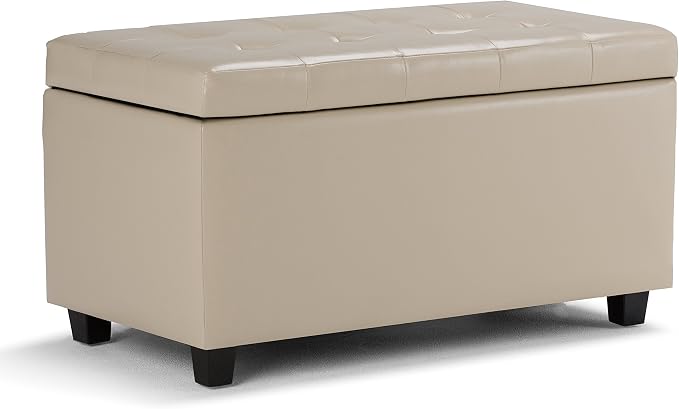 SIMPLIHOME Dover 36" Wide Linen Look Fabric Storage Ottoman in Slate Grey | Satin cream, transitional storage ottoman with tufting and lift-up lid; rectangle storage bench for living room or entryway.