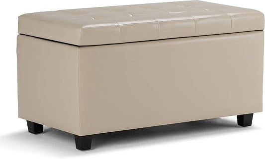 SIMPLIHOME Dover 36" Wide Linen Look Fabric Storage Ottoman in Slate Grey | Satin cream, transitional storage ottoman with tufting and lift-up lid; rectangle storage bench for living room or entryway.