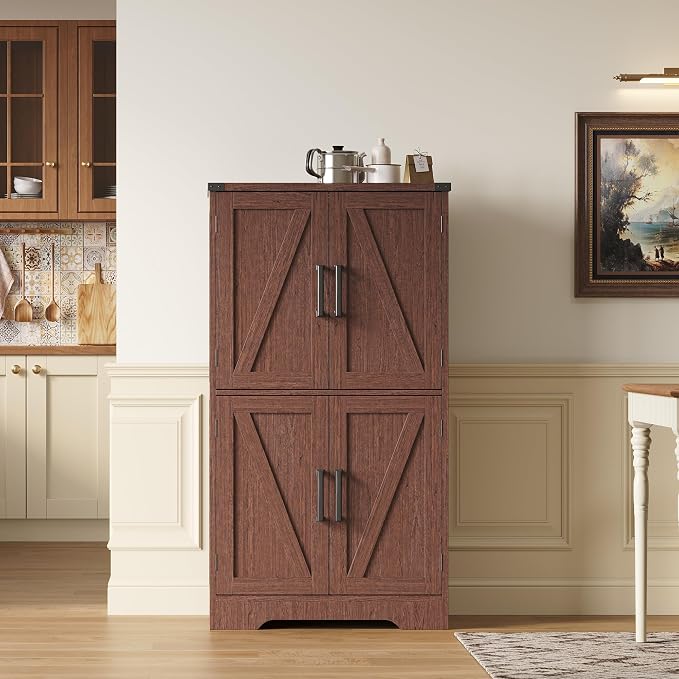 Treocho Farmhouse Bathroom Floor Cabinet with Adjustable Shelves | 13.78"D x 23.62"W x 43.46"H, Freestanding Kitchen Pantry Cabinet, Cupboard for Living Room, Dining Room, Walnut