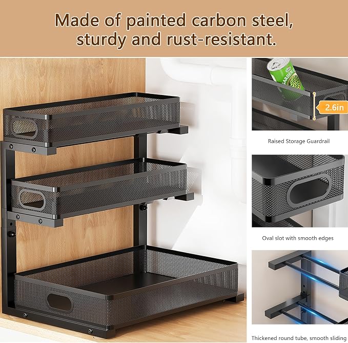Under Sink Organizer, 2-Pack 3-tier Under Sink Storage Organizer Adjustable Height Easy Assembly Pull Out Cabinet Organizers Basket for Bathroom Kitchen Pantry Home Organization