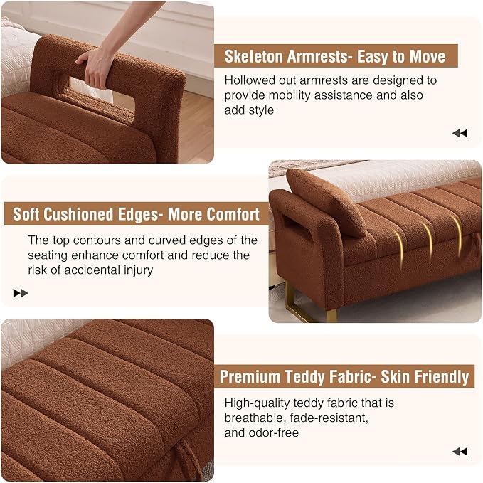 66" Storage Bench for Bedroom Upholstered End of Bed Bench King Size Brown | Long Bedroom Benches for Foot of Bed King,Teddy Storage Bed Bench with Gold Legs,2 Pillows for Entryway Windows Cloakroom