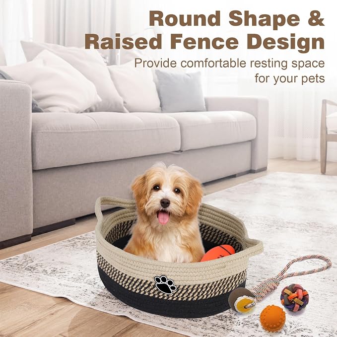 Optish Dog Toy Basket, Toy Box and Bin for Dog Cat Storage, 13.5" X 11" X 5" Small Woven Rope Basket for Baby Storage, Closet, Living Room, Brown & Black