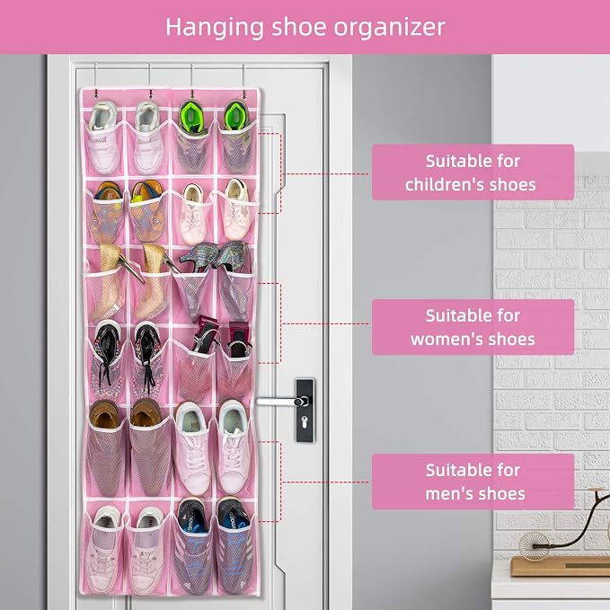 SAVERHO Hanging Shoe Organizer, Over The Door Shoe Organizer with 24 Breathable Mesh Pockets for Men Women Kids Hanging Shoe Storage Rack Organizer Size:58x21 Inch（Pink）