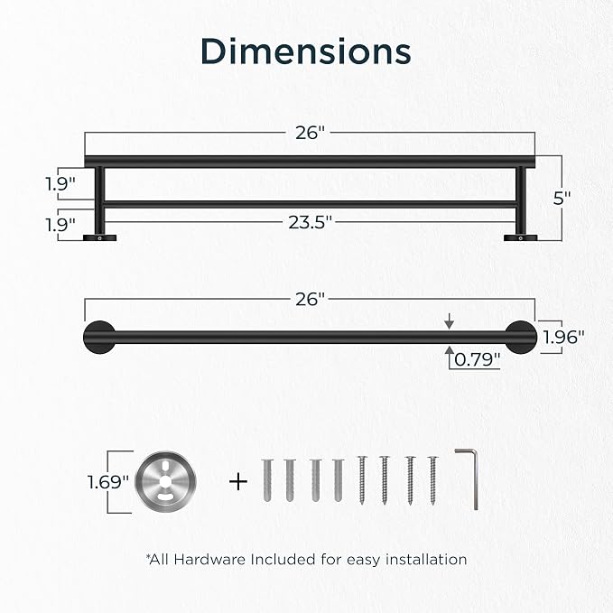 FORIOUS Double Towel Bar 24" Towel Racks for Bathroom Wall Mounted Black | Total Length 26 Inch, Rustproof, Stainless Steel Towel Holder, Wall Mounted for Bathroom Bedroom, Heavy Duty, Space Saving