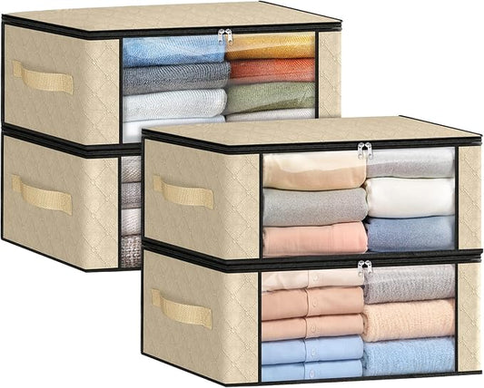 Fab totes 35L Closet Organizers and Storage, Foldable Under Bed Storage Containers, Storage bags for Organizing Bedroom, Closet, Clothing,Organization with Handle (4 Pack,Beige)