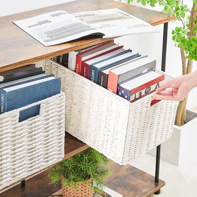 Vagusicc Wicker Storage Basket, Set of 2 Hand-Woven Paper Rope Wicker Basket, Large Storage Baskets for Organizing, Foldable Large Cube Storage Organizer Bins for Shelves (White)