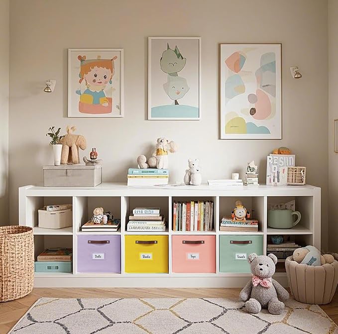 DECOMOMO Storage Bins, Storage Baskets for Shelves | 13" x 15" x 13" Storage Cube Bins with Labels for Organizing Shelves (Kallax, 4pcs, Rainbow)