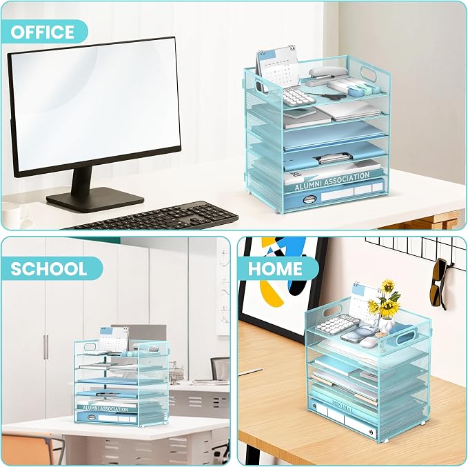 Daltack 6-Tier Paper Organizer for Desk with Handle, Blue | Sturdy Metal Mesh Organizer with Movable Middle Trays and a Carry Handle for Papers, Folders and Office Supplies