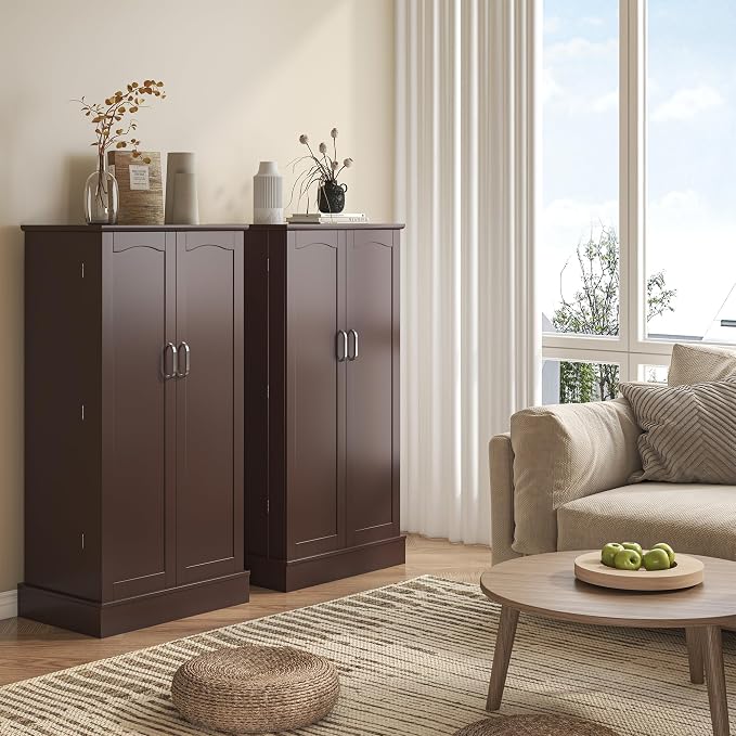 kepptory 47" Freestanding Kitchen Pantry Cabinet with Adjustable Shelves | Magnetic Doors & Anti-Tip Device, Storage Cupboard for Kitchen Laundry Living Room, Walnut