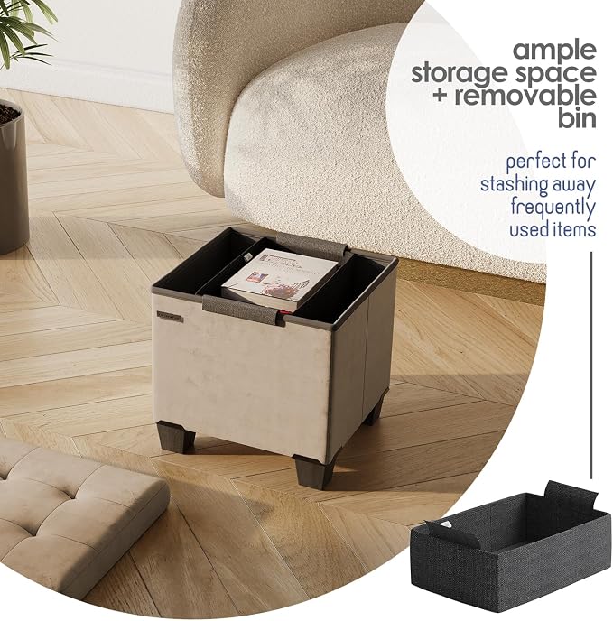 Storage Ottoman Cube with Small Bin, 15-in Square Ottoman with Storage for Living Room and Bedroom, Small Ottomans Foot Rest, Velvet Foot Stools Ottomans Max 330lbs, Taupe